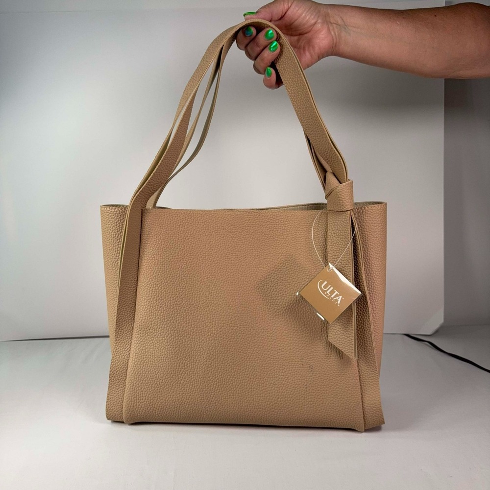 Ulta Beauty Pebbled Faux Leather Tote Bag Beige Knotted Strap NWT Shopper Purse